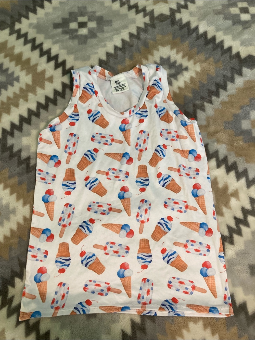 Gender neutral patriotic tank top for 4OJ featuring red, white, blue ice cream